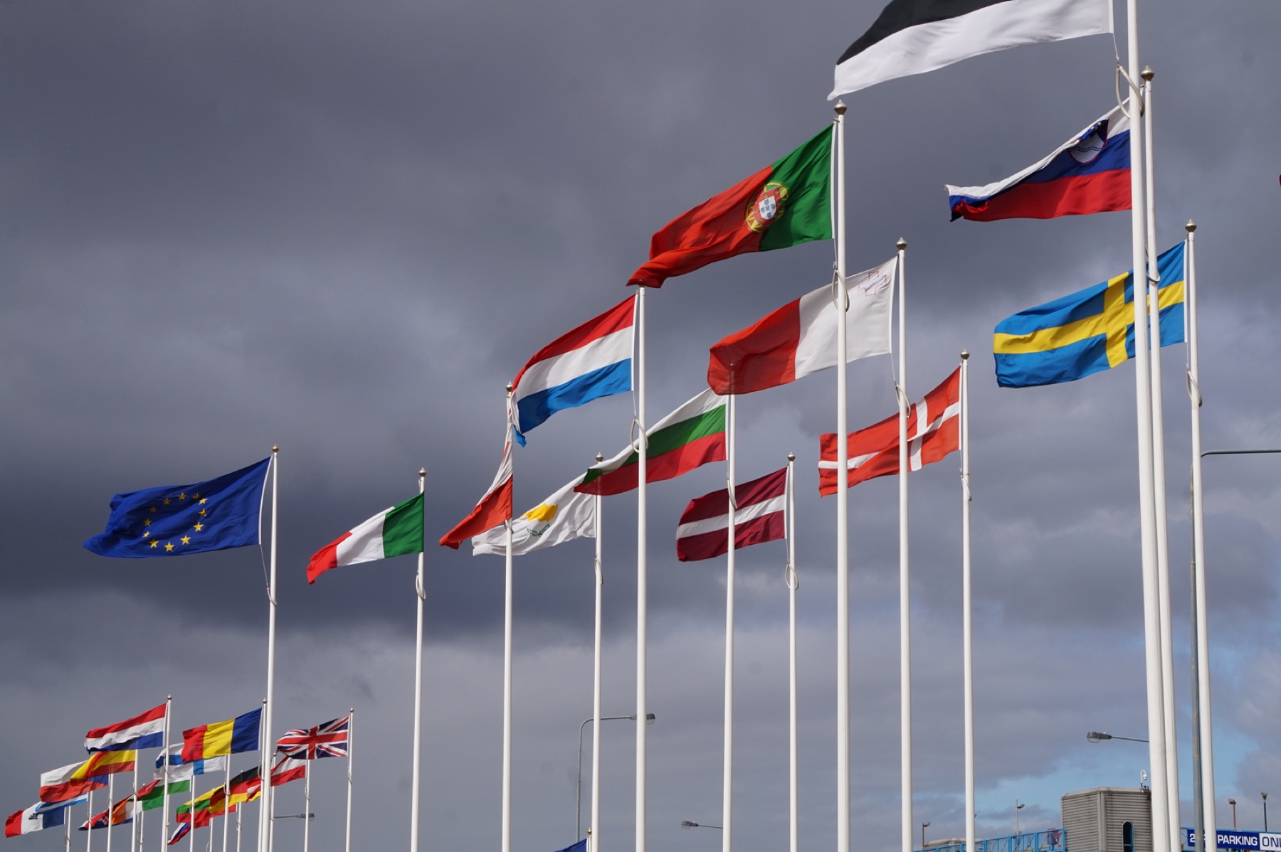 European Union flags on a town street