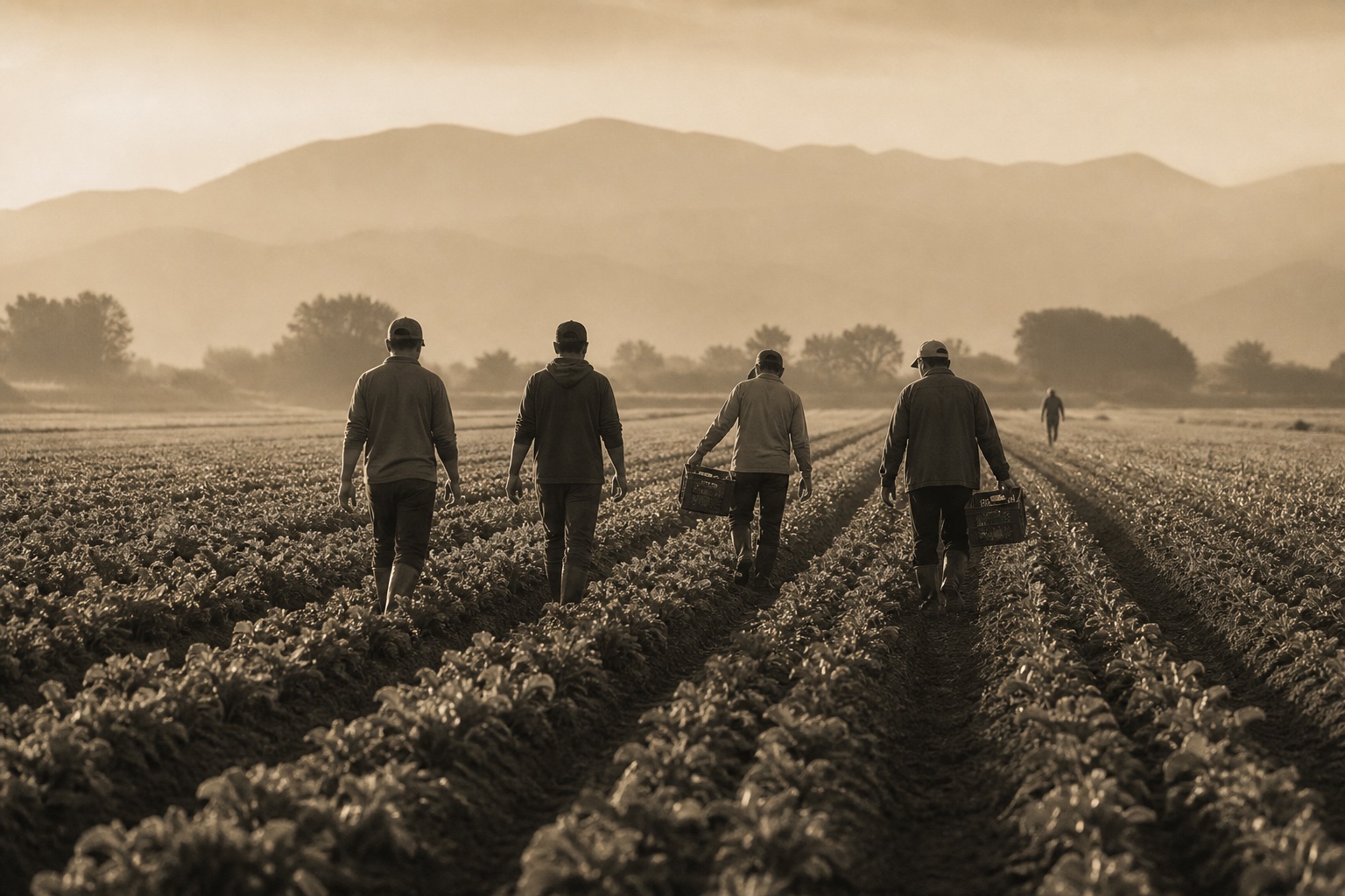 Illustration of seasonal agricultural workers walking through crop rows