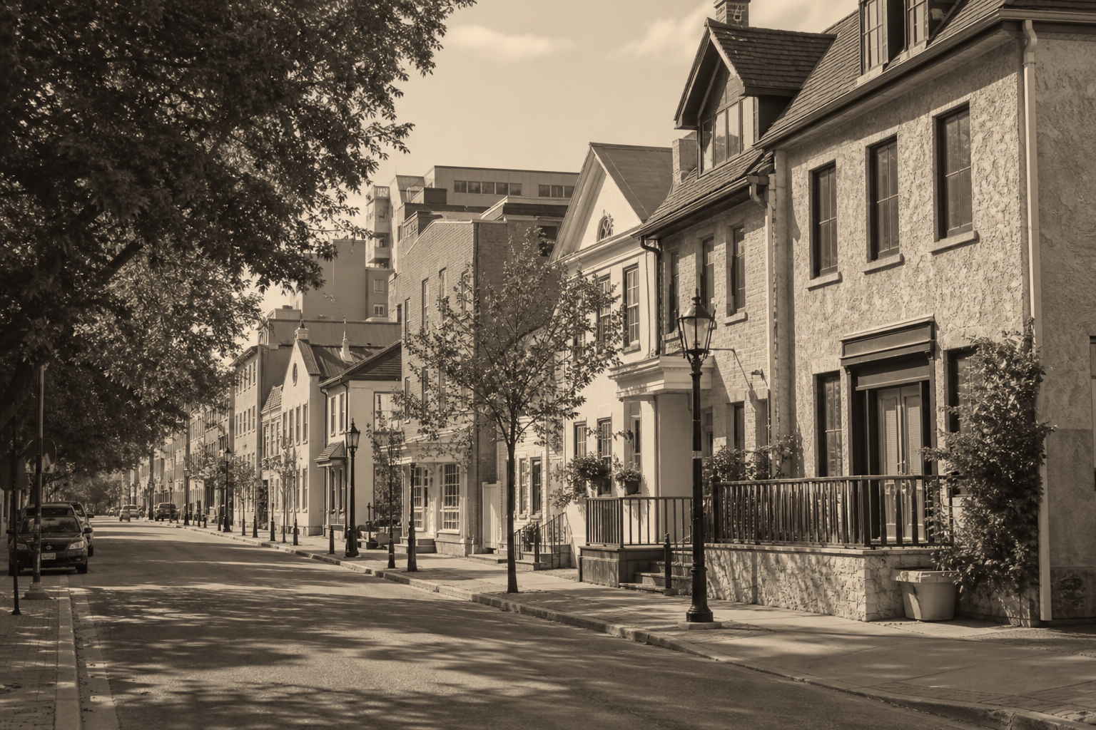 Illustrative single-frame streetscape for a report on Francophone communities in Manitoba